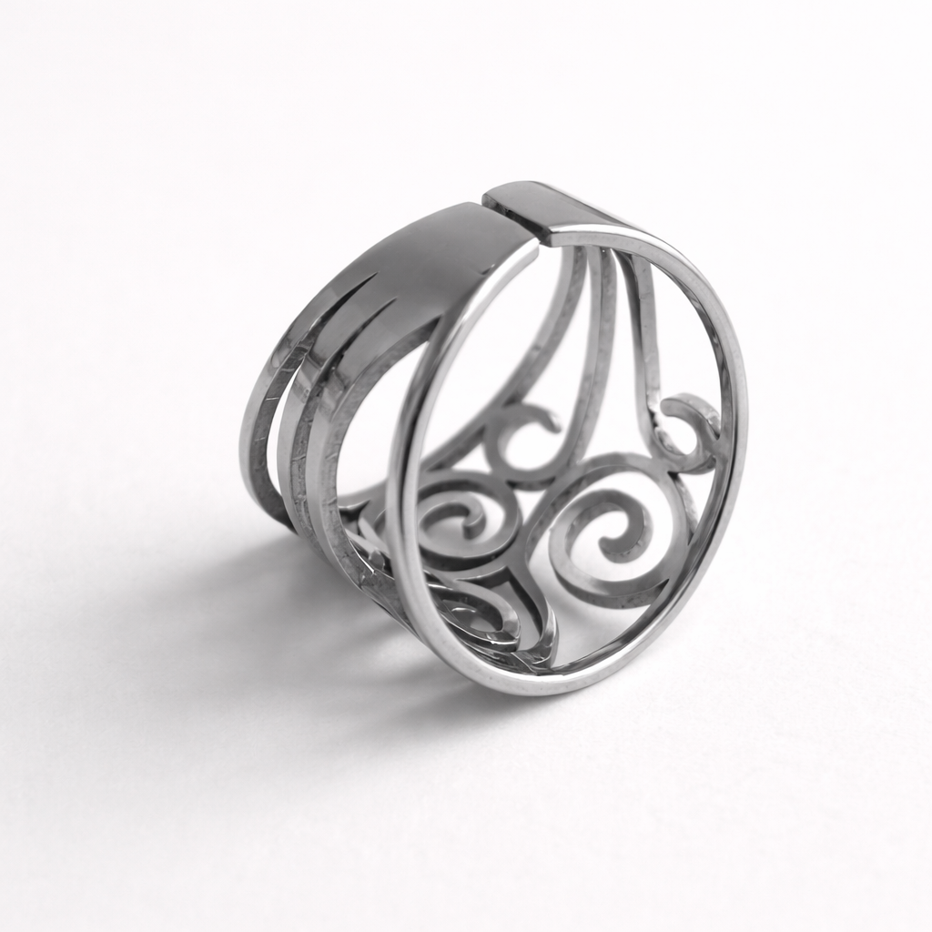 Bague Sculpturale à Volutes en Acier