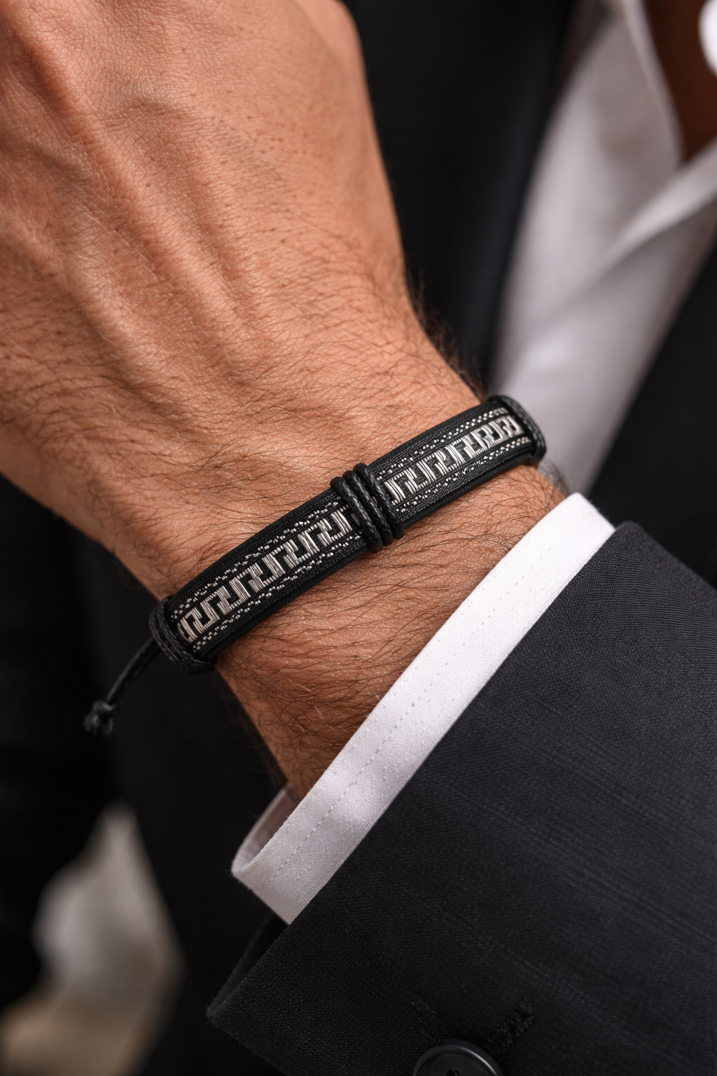 Bracelet Noir à Motifs Graphiques Blancs